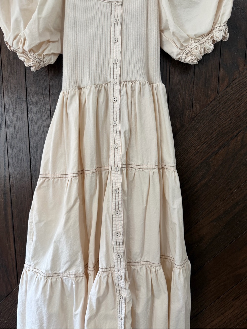 Beige Puff-Sleeve Tiered Dress with Button Front - Picture 3 of 6